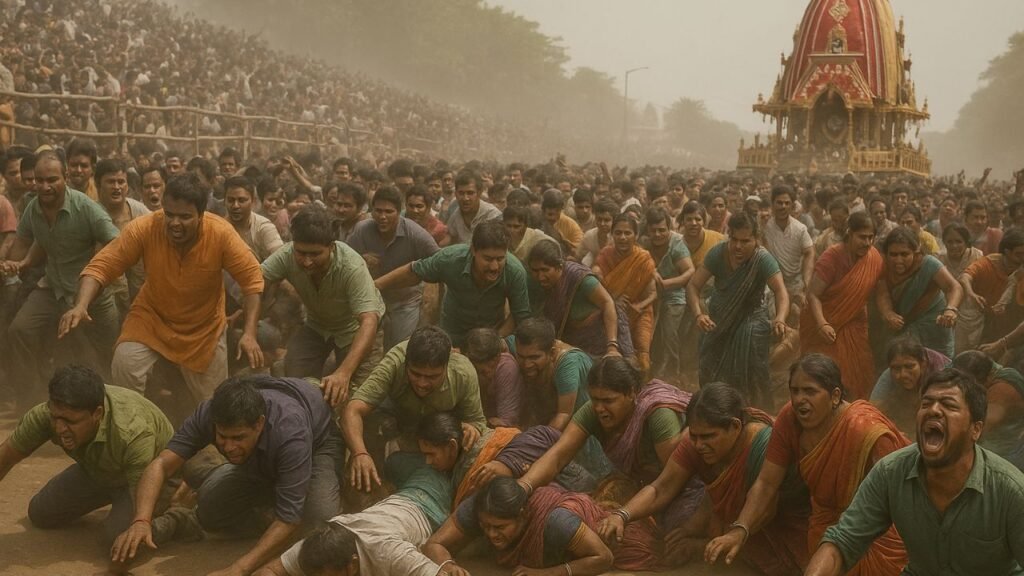 पुरी रथ यात्रा 2025 में भगदड़ का दृश्य — भगवान जगन्नाथ के रथ के सामने घबराई हुई भीड़, लोग जमीन पर गिरे हुए और बचने की कोशिश करते हुए