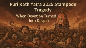 पुरी रथ यात्रा 2025 में भगदड़ के दौरान अफरा-तफरी का दृश्य, पीड़ित लोगों की भीड़ और भगवान जगन्नाथ का रथ पृष्ठभूमि में — Puri Rath Yatra 2025 Stampede Tragedy with panicked crowd and chariot in background